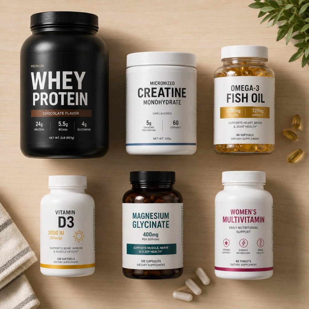 Core supplements for women muscle gain and fat loss - whey protein creatine omega-3 vitamin D3 magnesium multivitamin.
