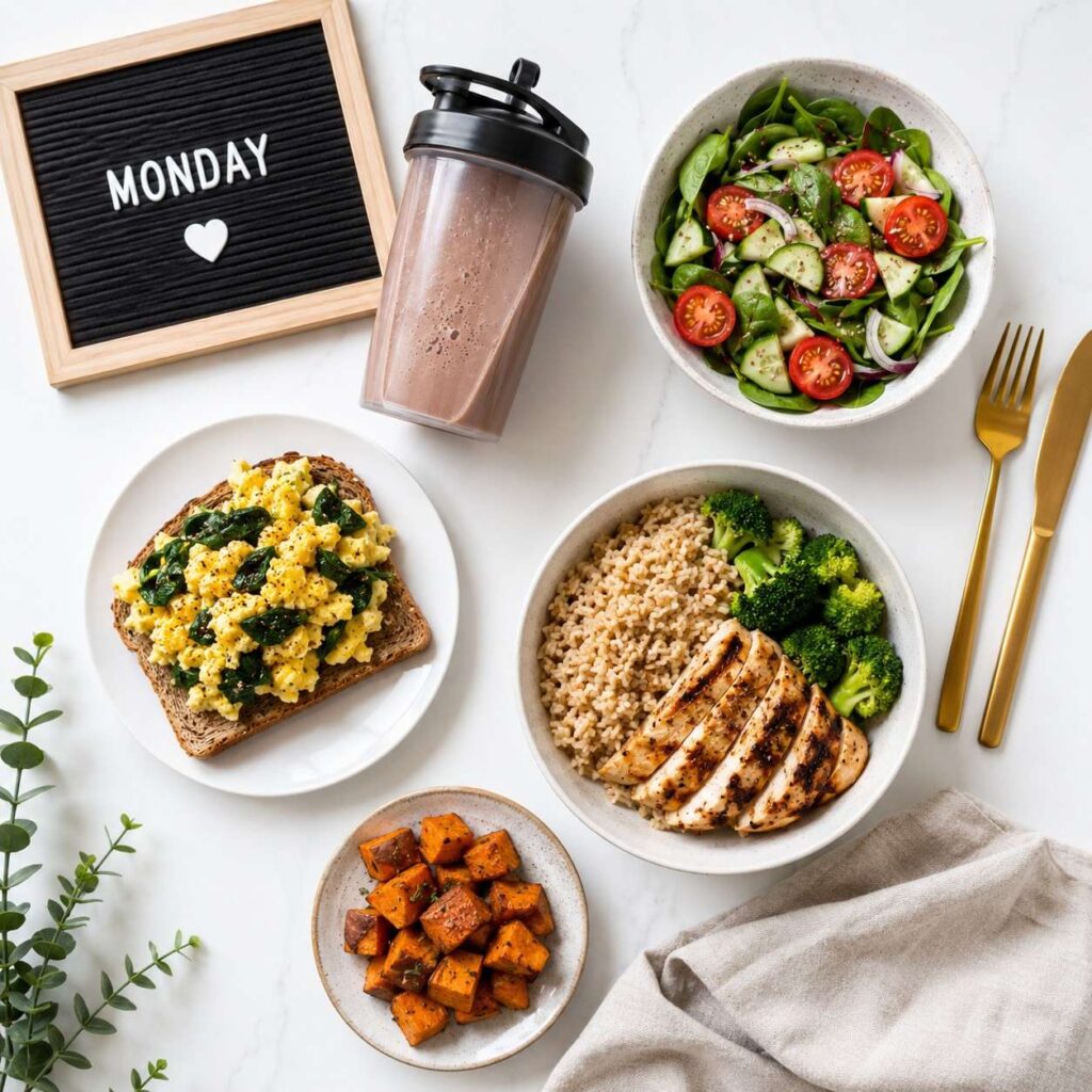 Day 1 meal plan for female muscle gain - scrambled eggs brown rice grilled chicken protein shake sweet potato.