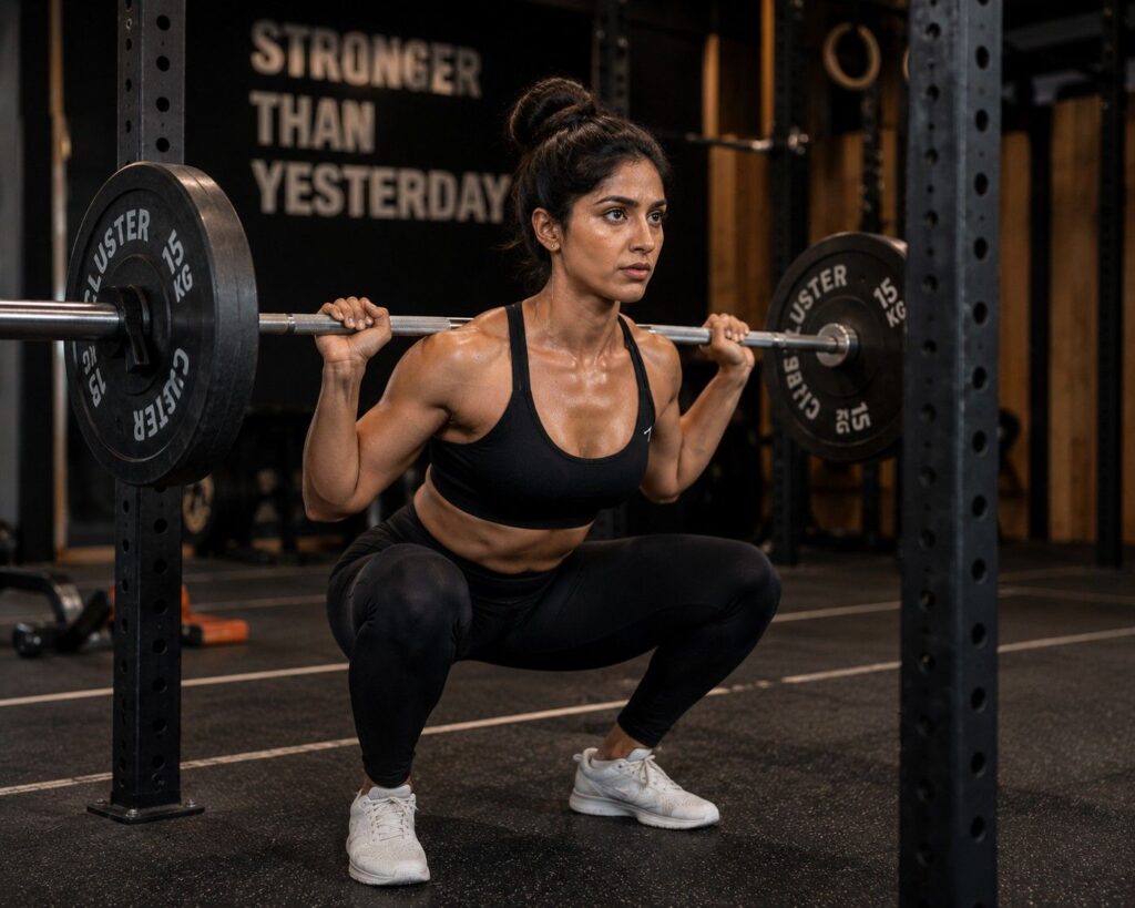 Carb reload day for women leg training - female athlete doing barbell squat in gym.