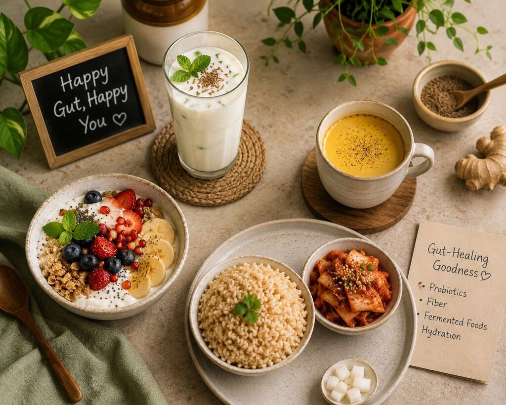 Gut health foods for women fat loss - yogurt lassi brown rice kimchi turmeric tea probiotic meal.