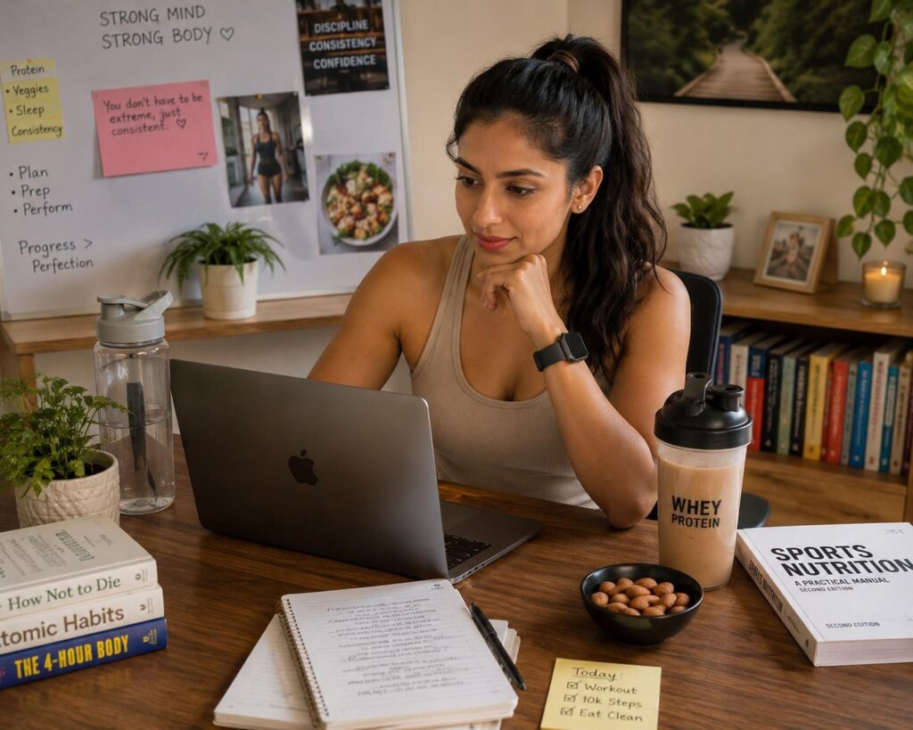 Women's FAQ about muscle gain fat loss supplements - woman researching fitness nutrition on laptop.