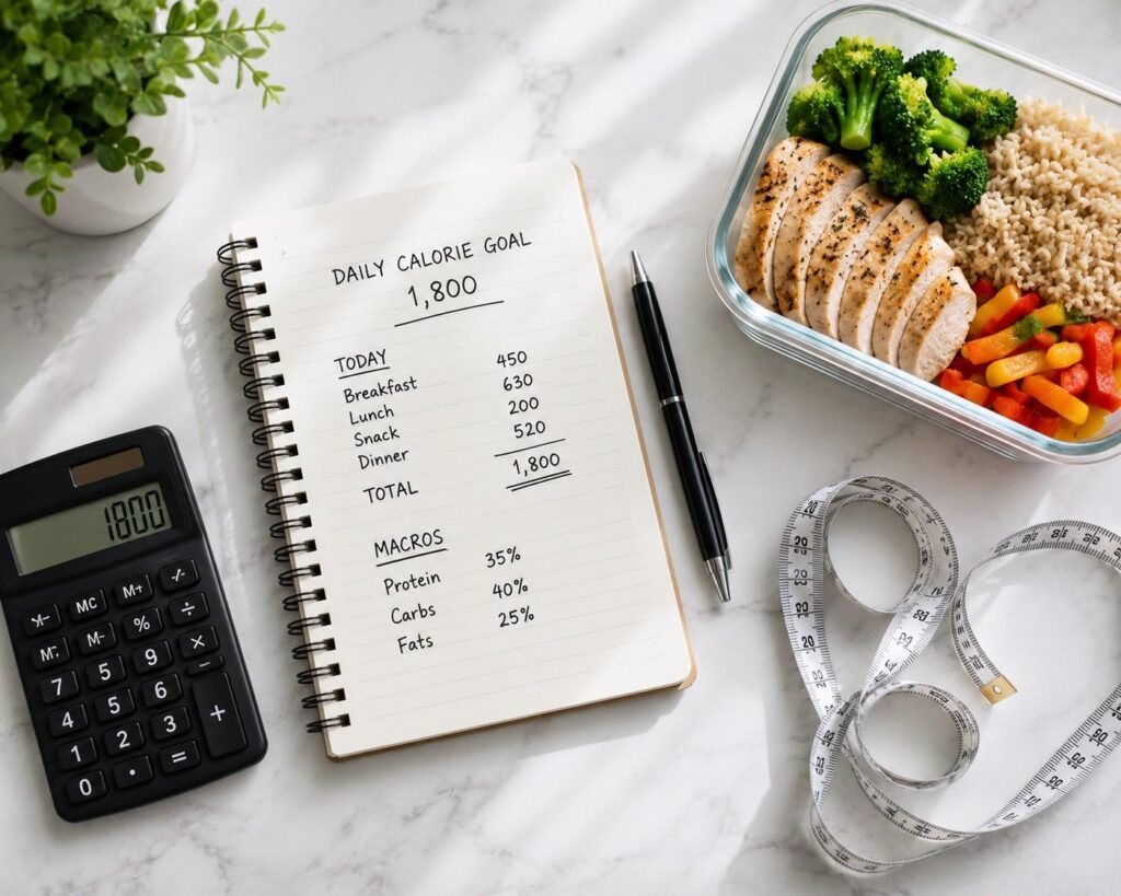 Calorie target guide for female muscle gain and fat loss - notebook calculator measuring tape portion meal prep.