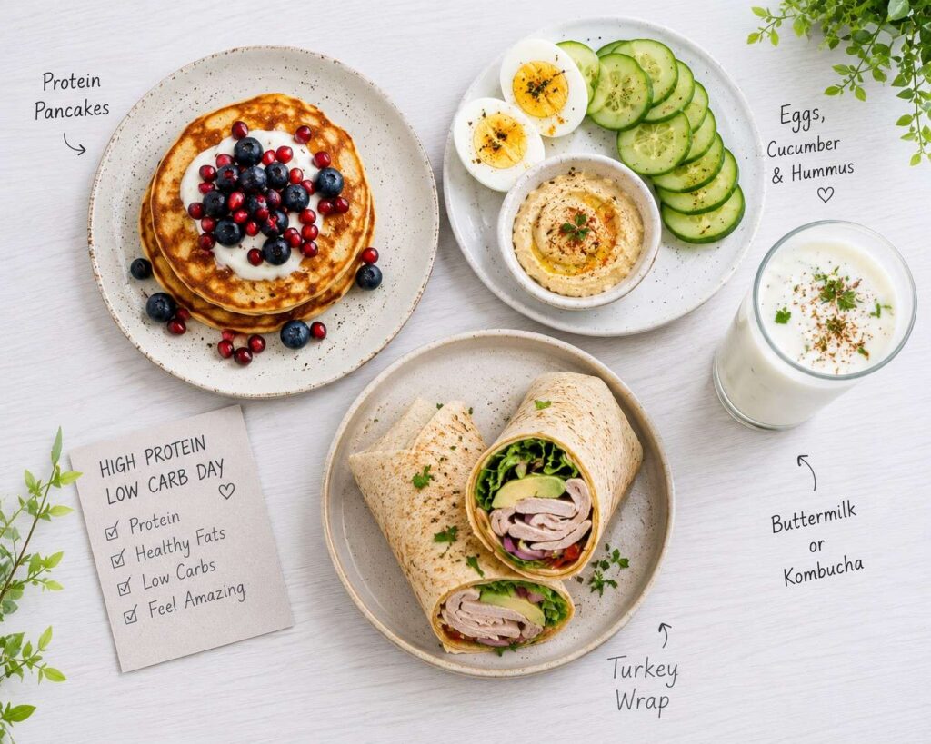 Day 2 high protein low carb meal plan for women - protein pancakes boiled eggs turkey wrap buttermilk.