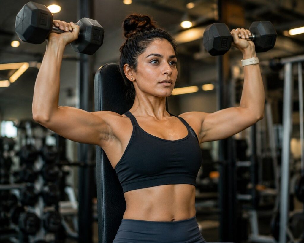 Day 6 upper body strength training for women - female athlete doing dumbbell shoulder press in gym.