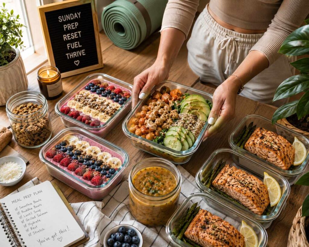Day 7 Sunday meal prep and active recovery for women - healthy meal prep containers smoothie bowl buddha bowl salmon.