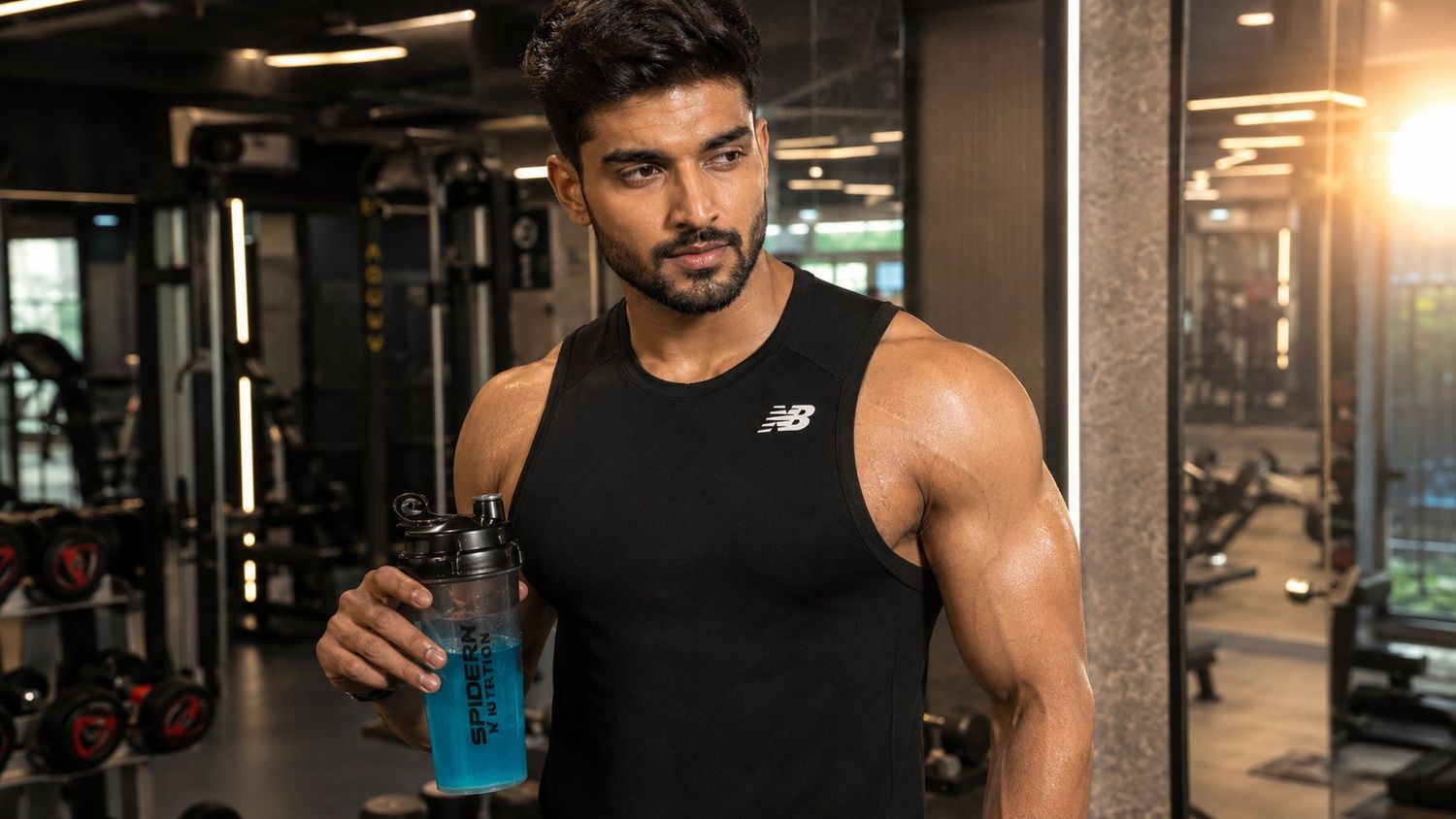 Indian gym-goer experiencing pre workout side effects while holding shaker bottle in gym.