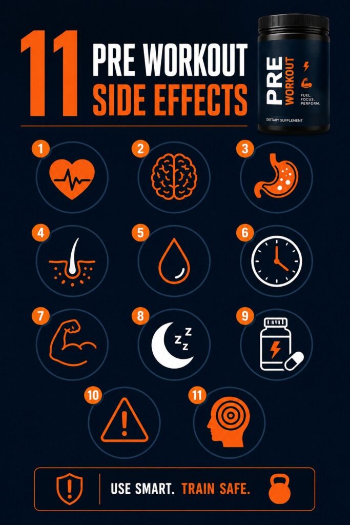 Quick reference infographic of 11 pre workout side effects every gym-goer should know.