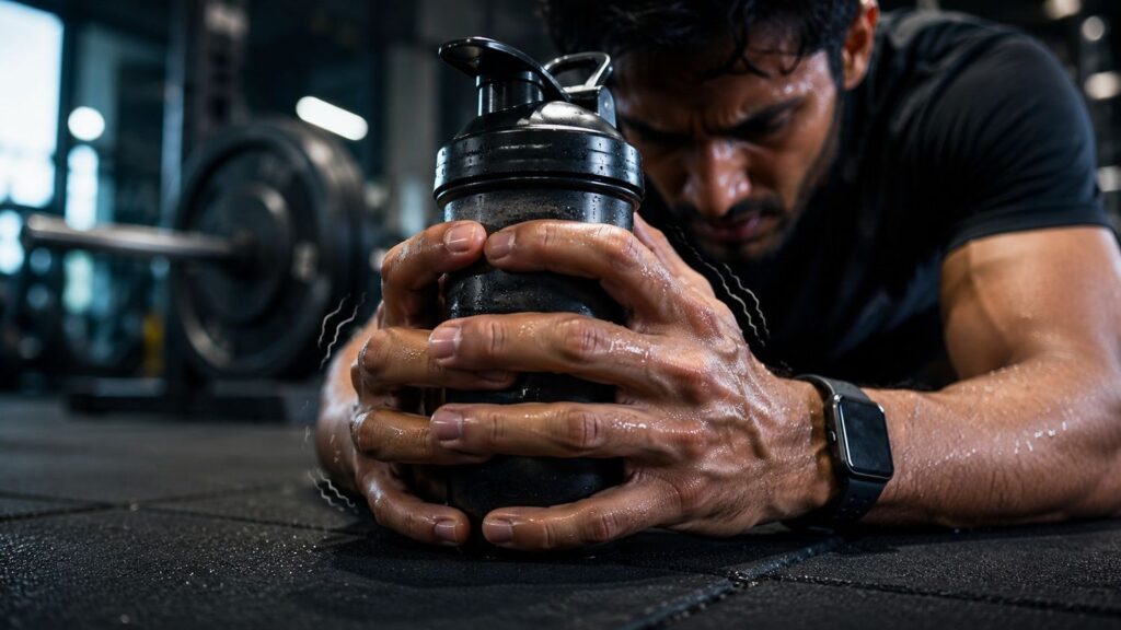 Pre workout side effects showing jitters and shaking hands caused by high caffeine intake.