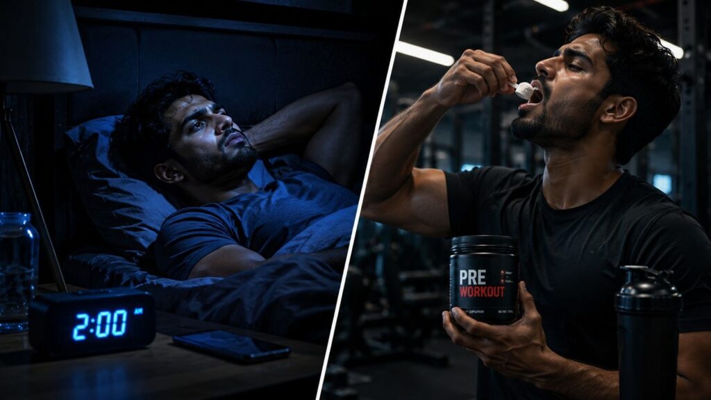 Pre workout side effects causing insomnia and sleep disruption in Indian gym-goer at night.