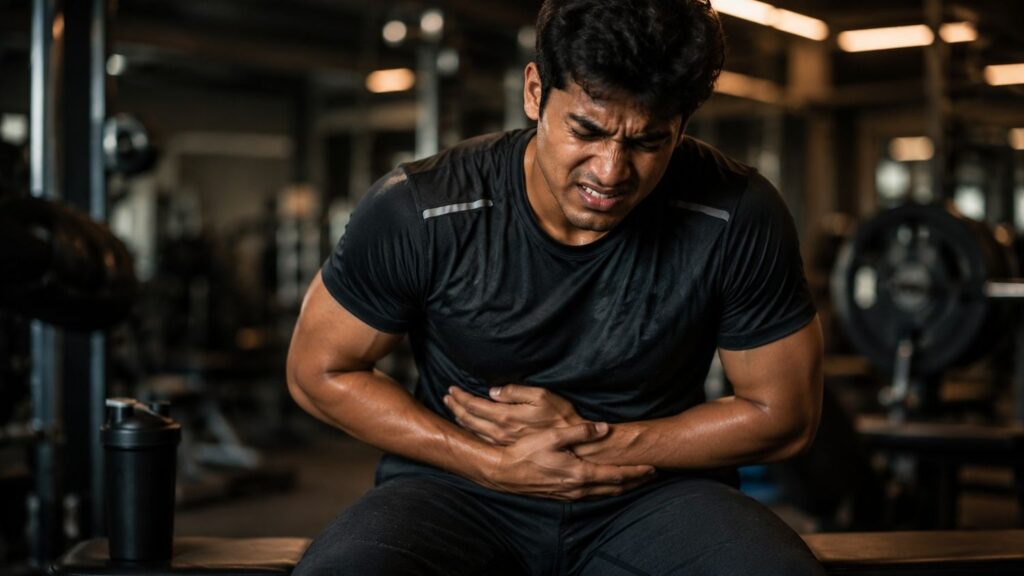 Pre workout side effect of digestive discomfort and upset stomach from supplement use.