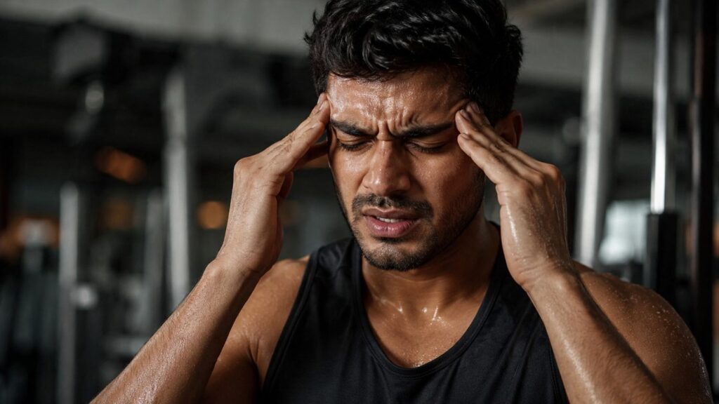 Pre workout side effect of headache caused by dehydration and vasodilation during gym training.