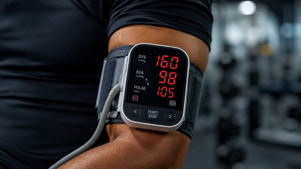 Pre workout side effect of high blood pressure spike shown on digital BP monitor in gym.