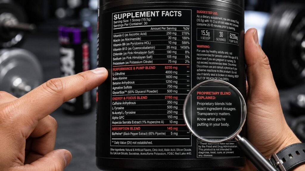 Pre workout side effect of allergic reaction from hidden proprietary blend ingredients on supplement label.