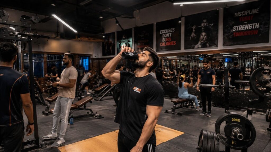 Indian gym culture showing athletes using pre workout supplements before training.