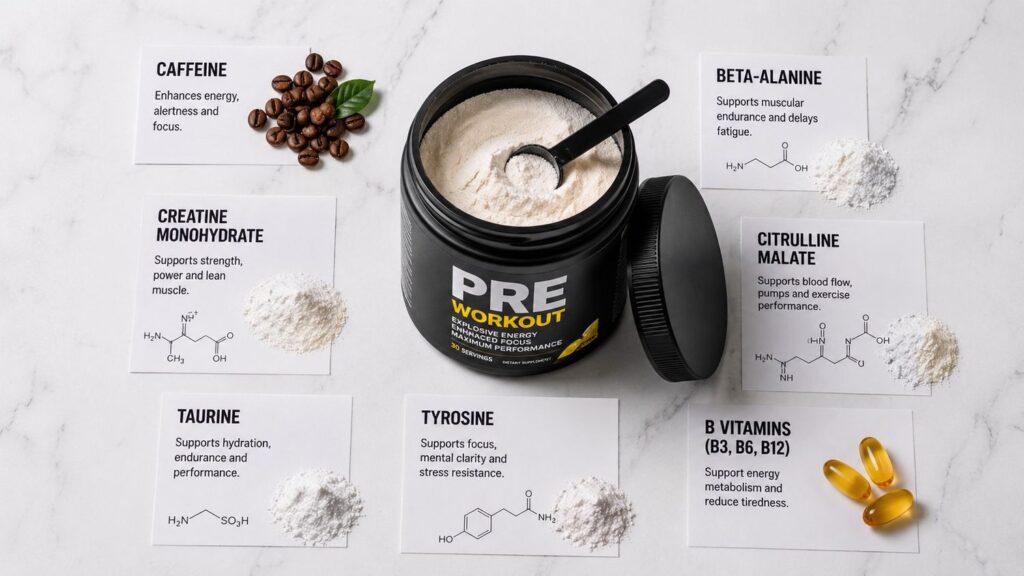 Pre workout supplement ingredients including caffeine beta-alanine creatine and citrulline.