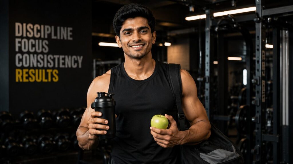 Indian gym-goer using pre workout supplements smartly with balanced nutrition and healthy lifestyle.