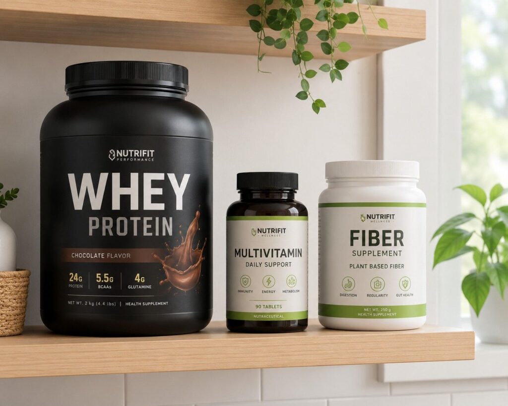 whey protein multivitamin and fiber supplements for fat loss support.