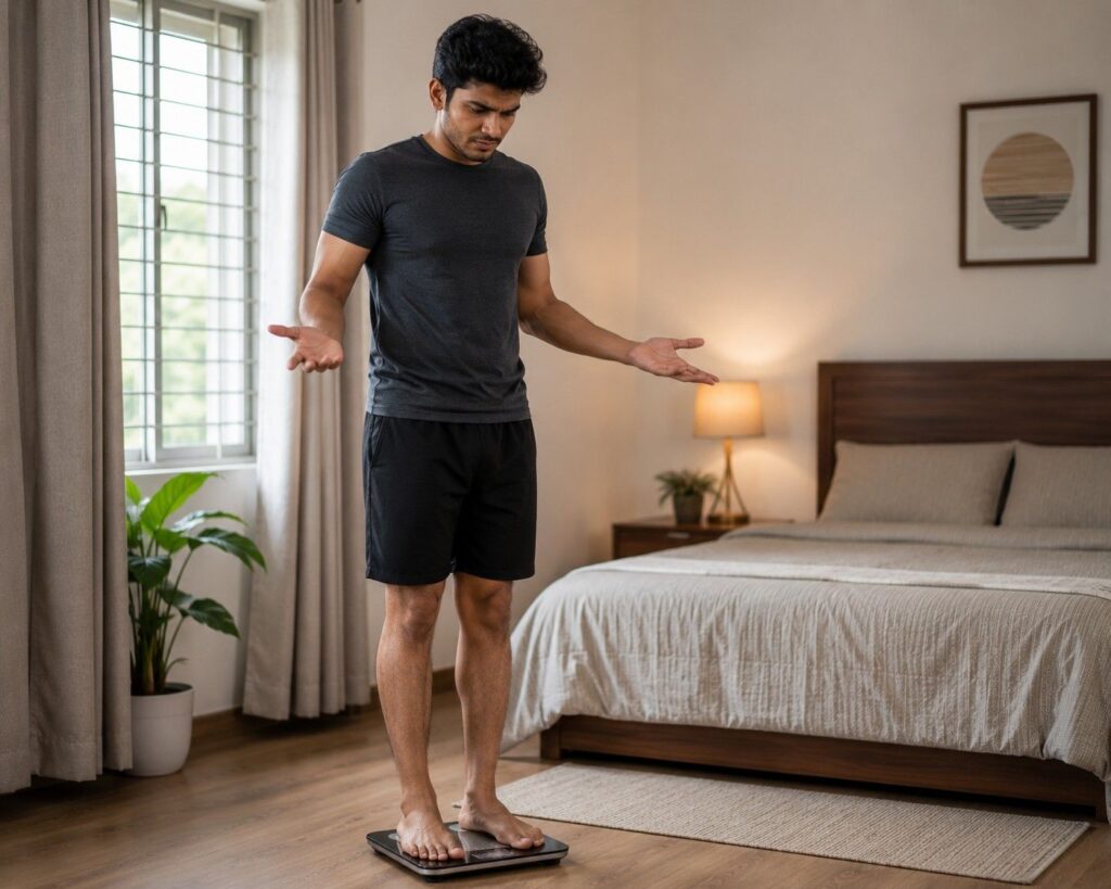 confused person checking weighing scale unsure about fat loss vs weight loss.