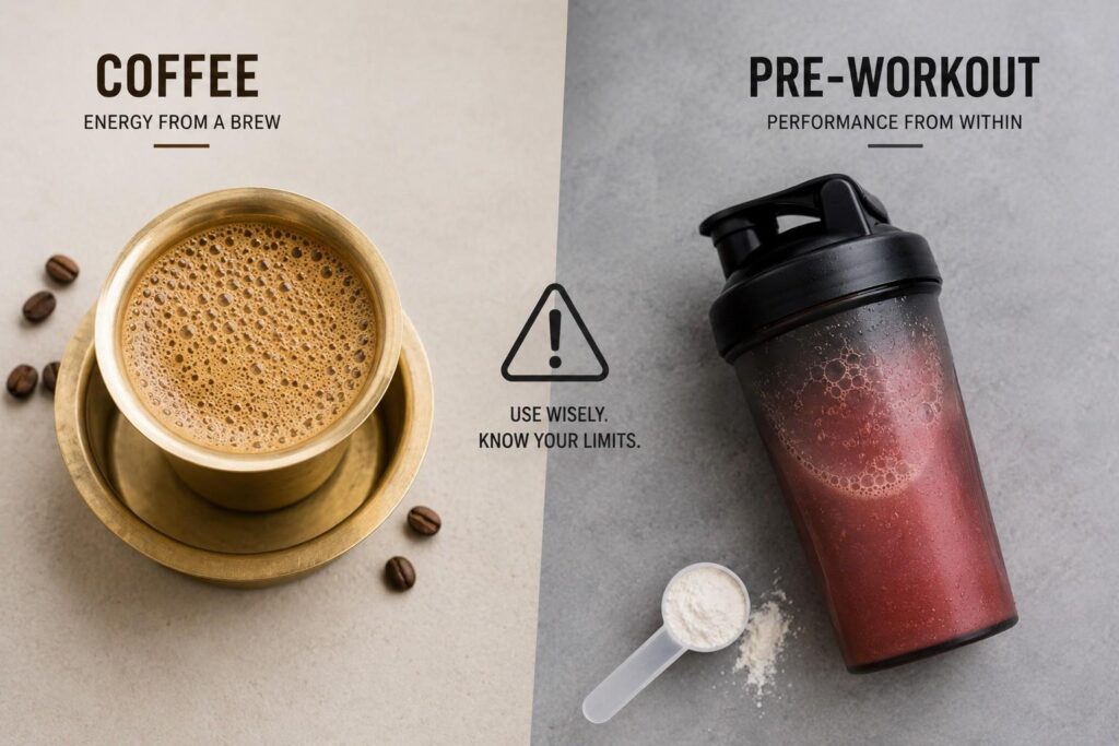 Stacking coffee with pre-workout side effects warning.