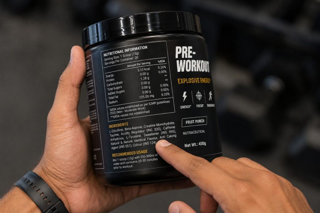 Reading pre-workout supplement label ingredients carefully.