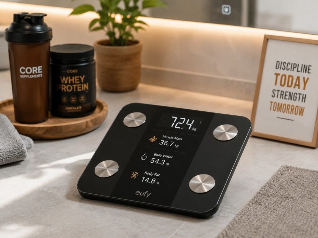  body composition scale showing fat percentage vs muscle vs water weight.