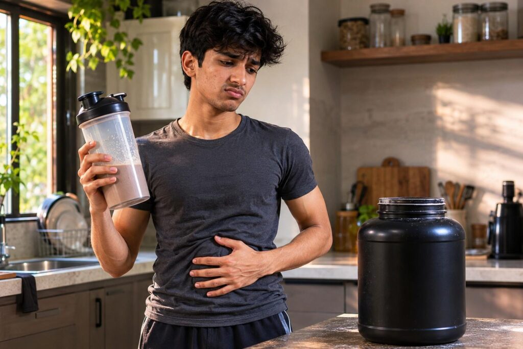 Beginner experiencing bloating and digestive adjustment during the first two weeks of starting a mass gainer supplement routine.