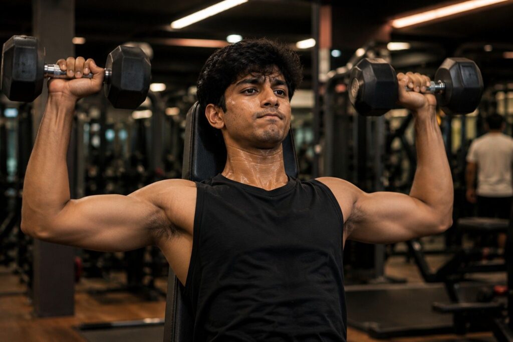 Week 3 to 4 mass gainer progress showing improved gym energy and slightly fuller shoulders during the caloric surplus adaptation phase.