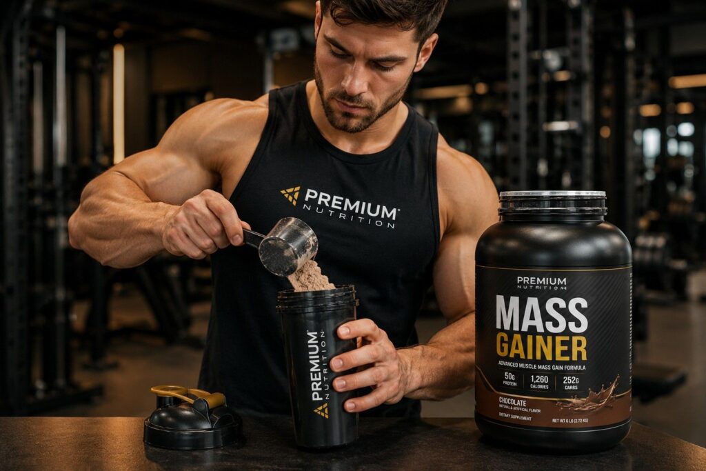 Male athlete using mass gainer supplement powder post workout in gym