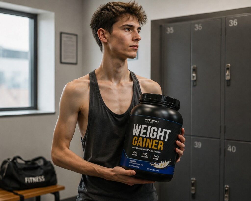 Underweight young man holding weight gainer supplement tub in gym.
