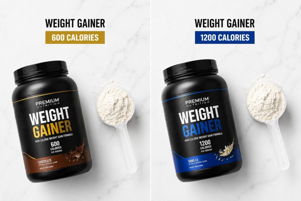 Calorie difference per serving between mass gainer and weight gainer nutrition labels.
