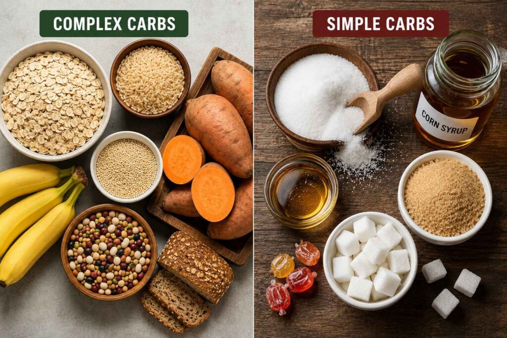 Complex carbohydrates in mass gainer vs simple carbohydrates in weight gainer.