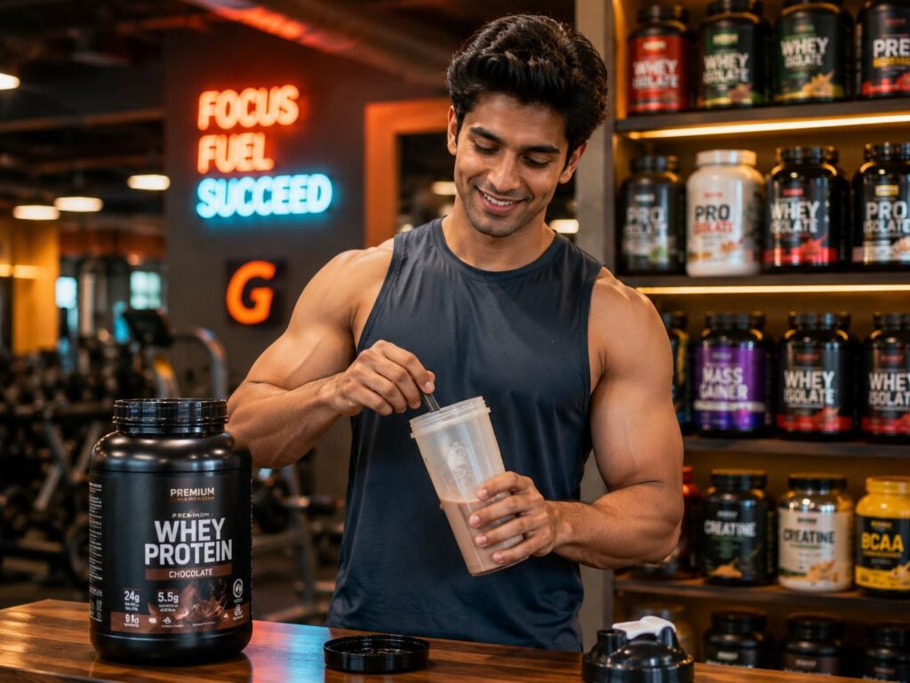 Indian gym beginner mixing mass gainer shake in modern gym India.
