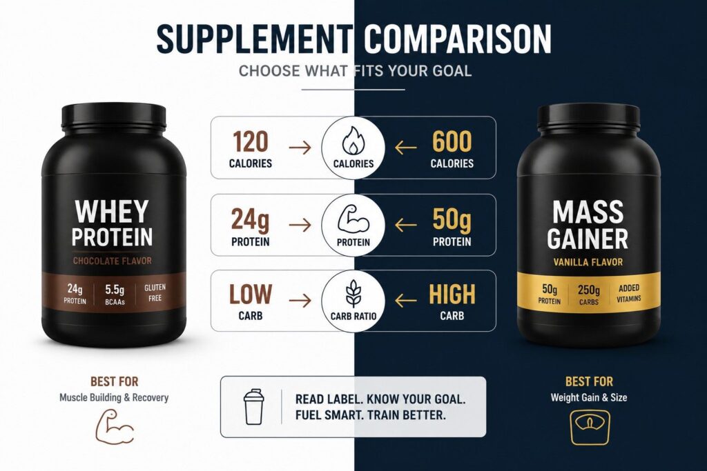 Mass gainer vs weight gainer comparison chart calories protein and carbs.
