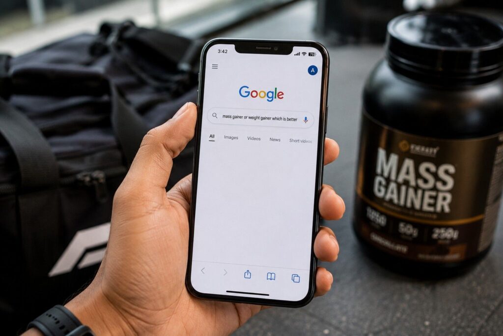 Person searching mass gainer vs weight gainer questions on smartphone.