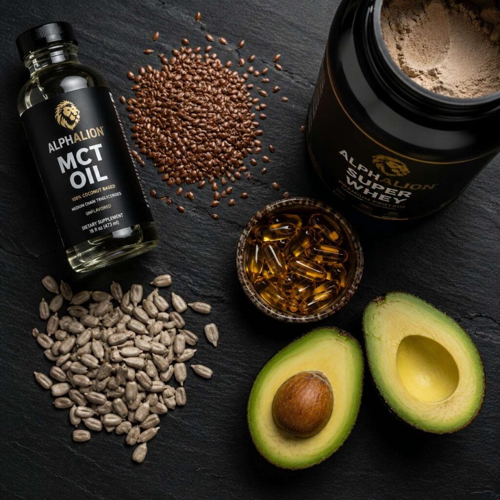 Healthy fat sources MCT oil flaxseeds and sunflower seeds used in mass gainer supplements vs weight gainer fat content.