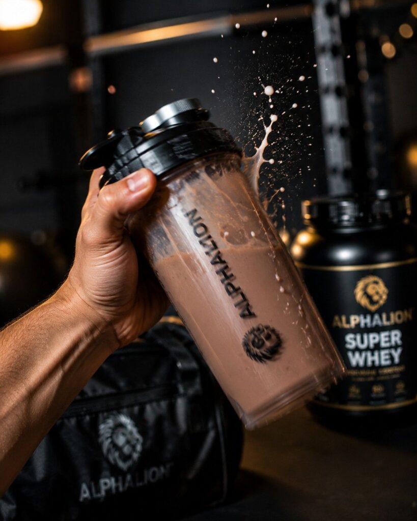 Mixing mass gainer supplement shake in shaker bottle with milk for better taste and creamier texture.