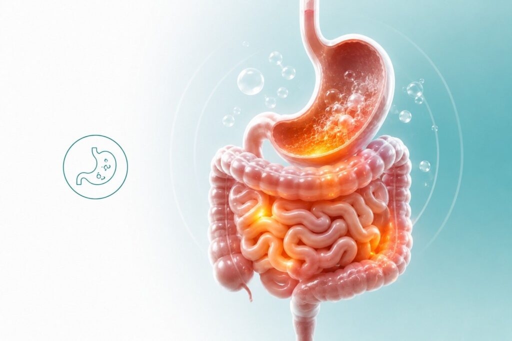 Illustration of stomach bloating and gas caused by high-carbohydrate mass gainer supplements.