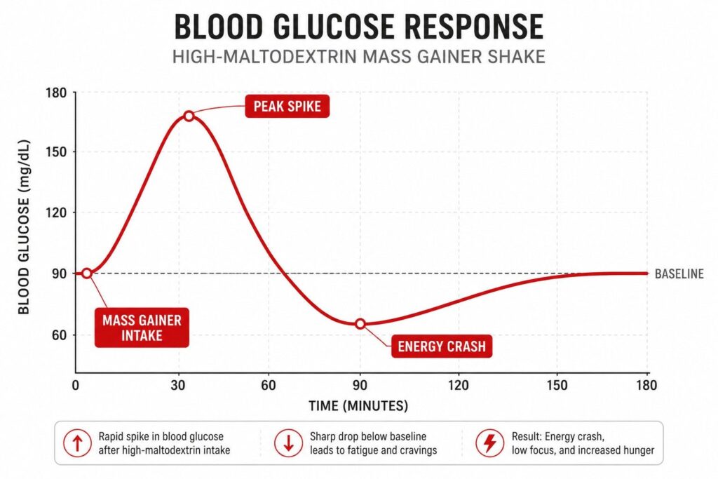 Blood sugar spike and crash graph after consuming high-glycemic mass gainer shake with maltodextrin.