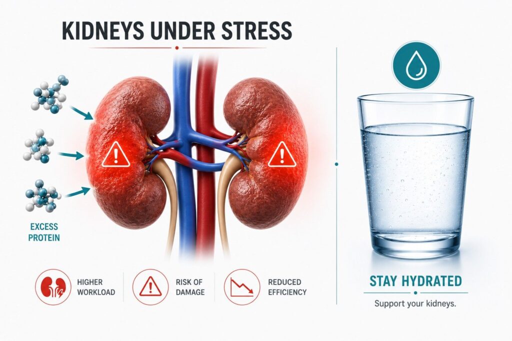 Illustration of kidney strain from excessive protein intake in mass gainers and the importance of hydration.