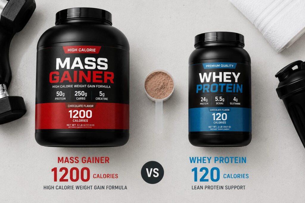 Mass gainer supplement tub versus whey protein container comparison showing calorie and serving differences.