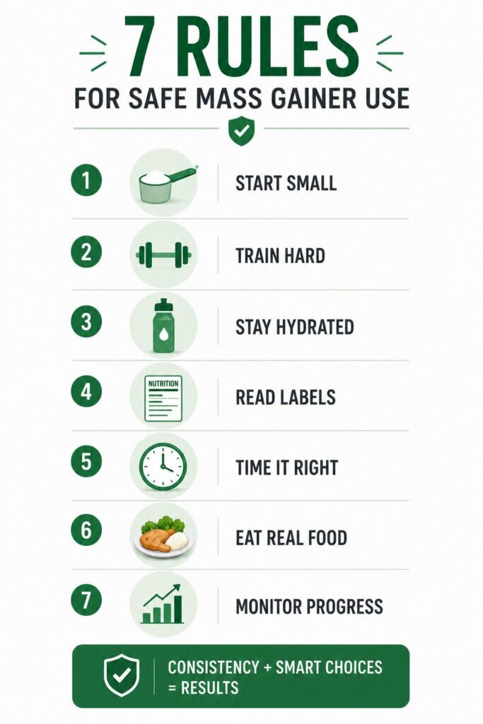 Infographic showing 7 evidence-based tips for using mass gainers safely to avoid side effects.