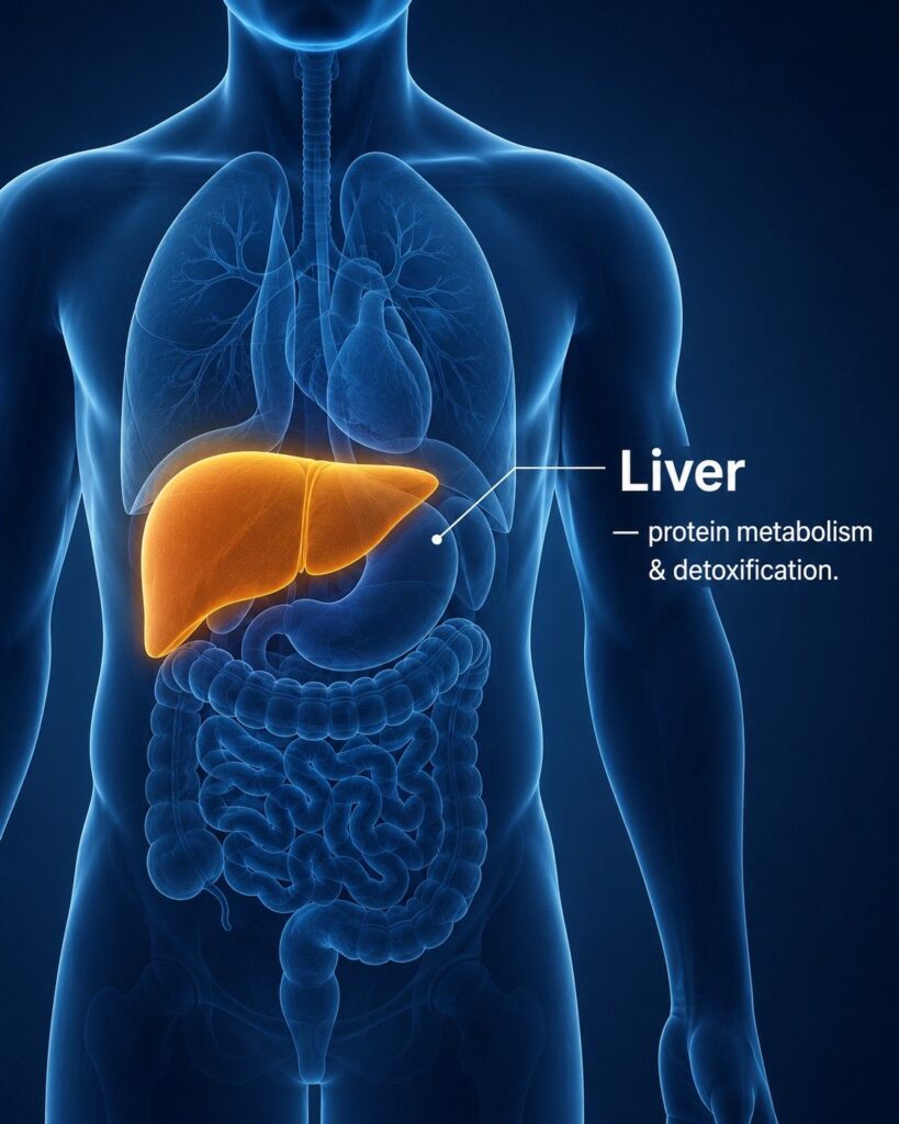 Medical illustration of the human torso with the liver highlighted in amber, showing its role in protein metabolism and detoxification relevant to mass gainer usage.