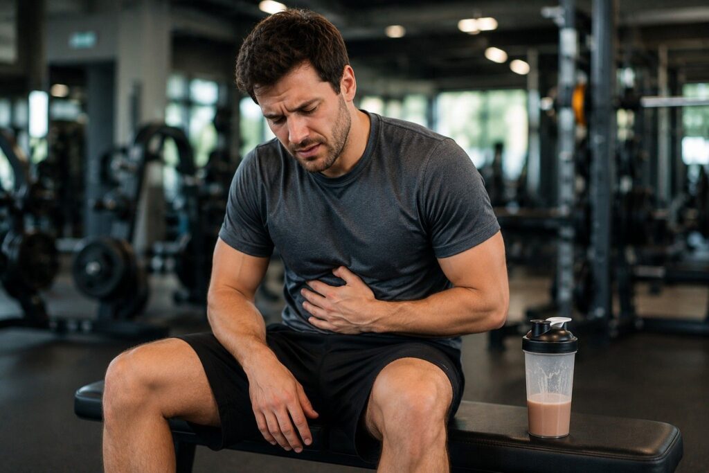 A gym-goer sitting on a bench holding his stomach in discomfort after drinking a mass gainer protein shake, illustrating nausea as a common side effect.