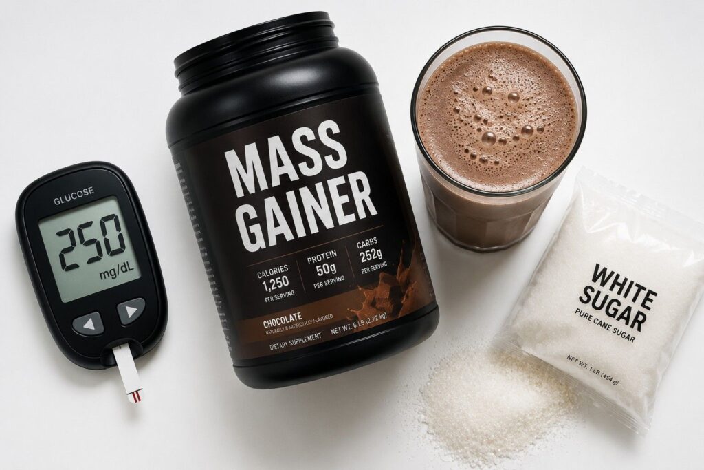 A glucose meter showing a high blood sugar reading placed next to a mass gainer supplement and sugar, highlighting the risk of blood sugar spikes and type 2 diabetes from high-sugar mass gainers.