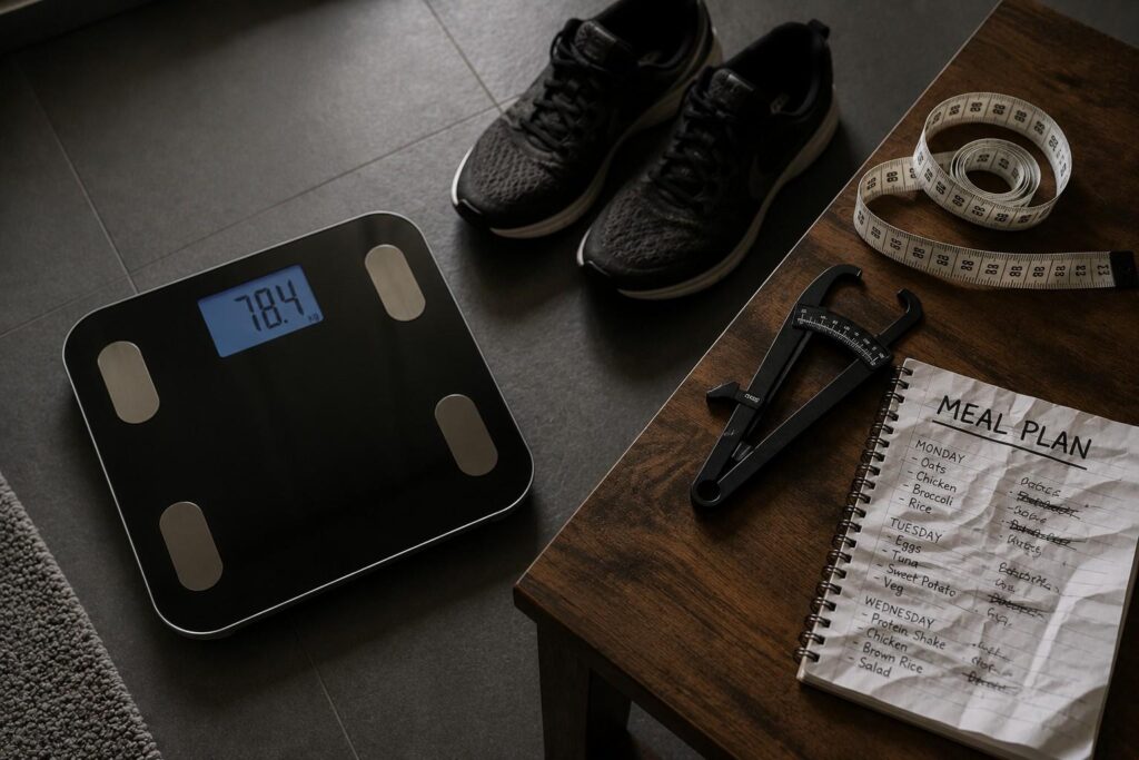 A body weight scale surrounded by a tape measure, body fat calipers, and a meal plan notebook, representing the importance of tracking body composition rather than just scale weight when using mass gainers.