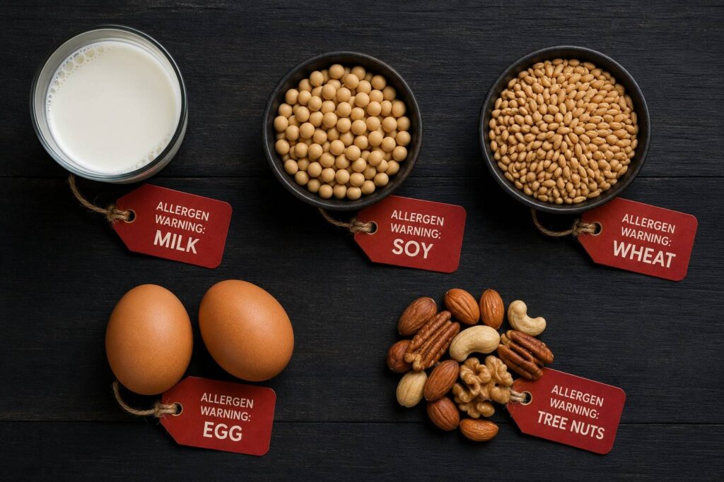 Common allergens found in mass gainers — milk, soy, wheat, eggs, and nuts — displayed as individual food items with allergen warning tags, reminding users to check supplement labels carefully.