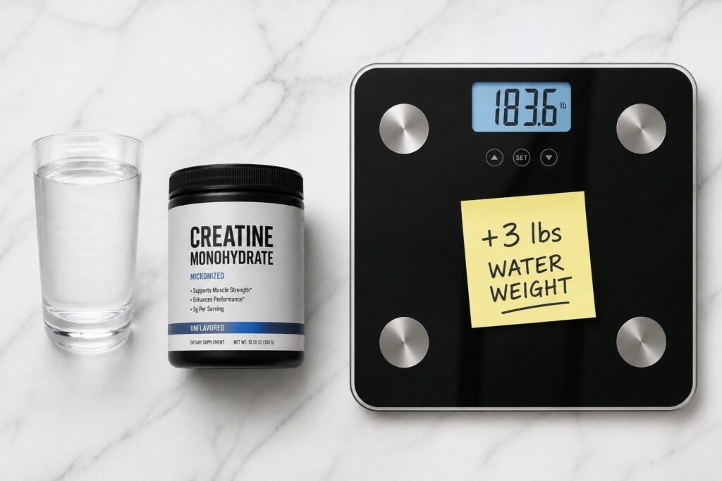 A creatine monohydrate supplement container beside a digital weighing scale with a note indicating water weight gain, illustrating how creatine in mass gainers causes temporary water retention,