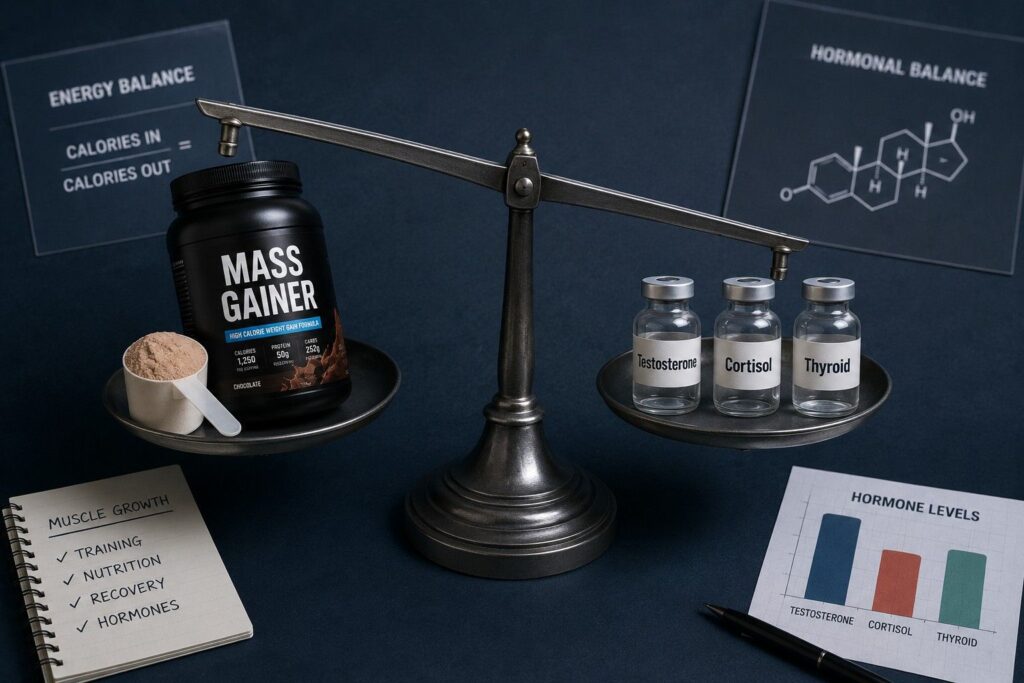 A balance scale showing a mass gainer supplement weighing against hormone vials labeled testosterone, cortisol, and thyroid, representing the hormonal disruption risk from chronic excessive protein and calorie intake.
