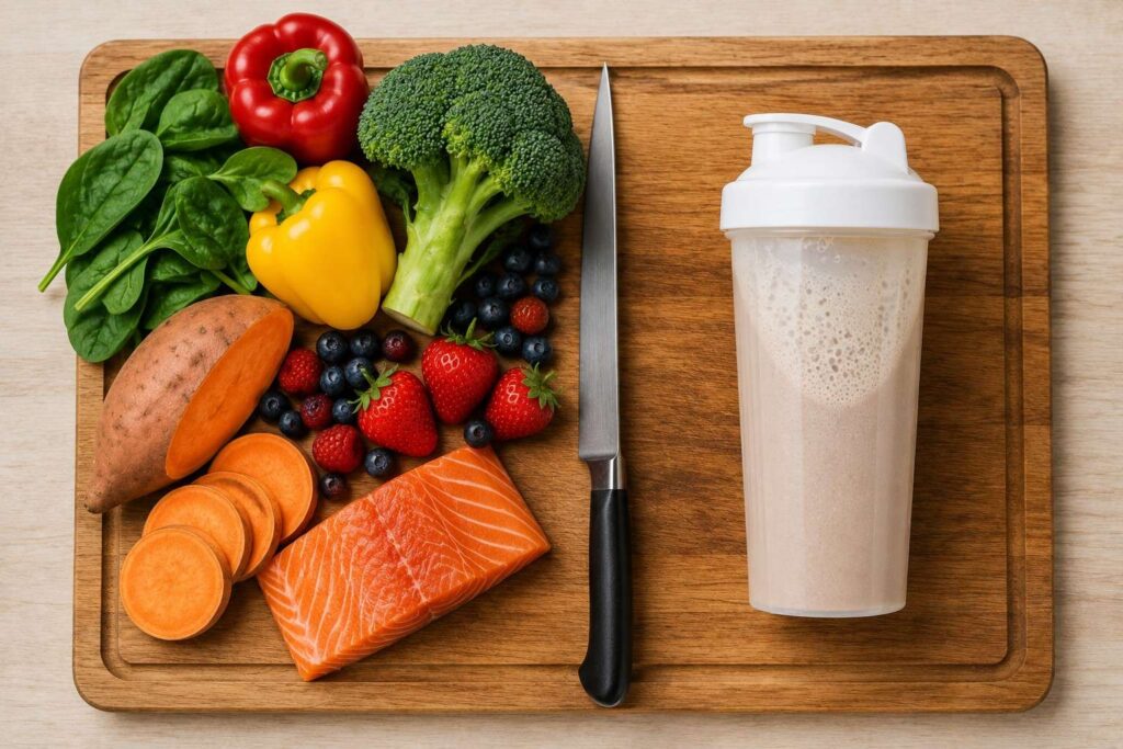 A comparison between a colorful array of nutrient-dense whole foods and a single mass gainer protein shake, illustrating why supplements cannot replace real food for micronutrient intake.
