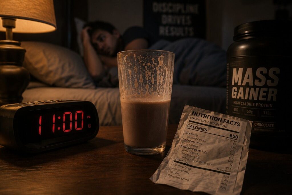 A bedside table at 11 PM showing a mass gainer shake next to an alarm clock, representing the sleep disruption risk caused by consuming high-sugar supplements close to bedtime.